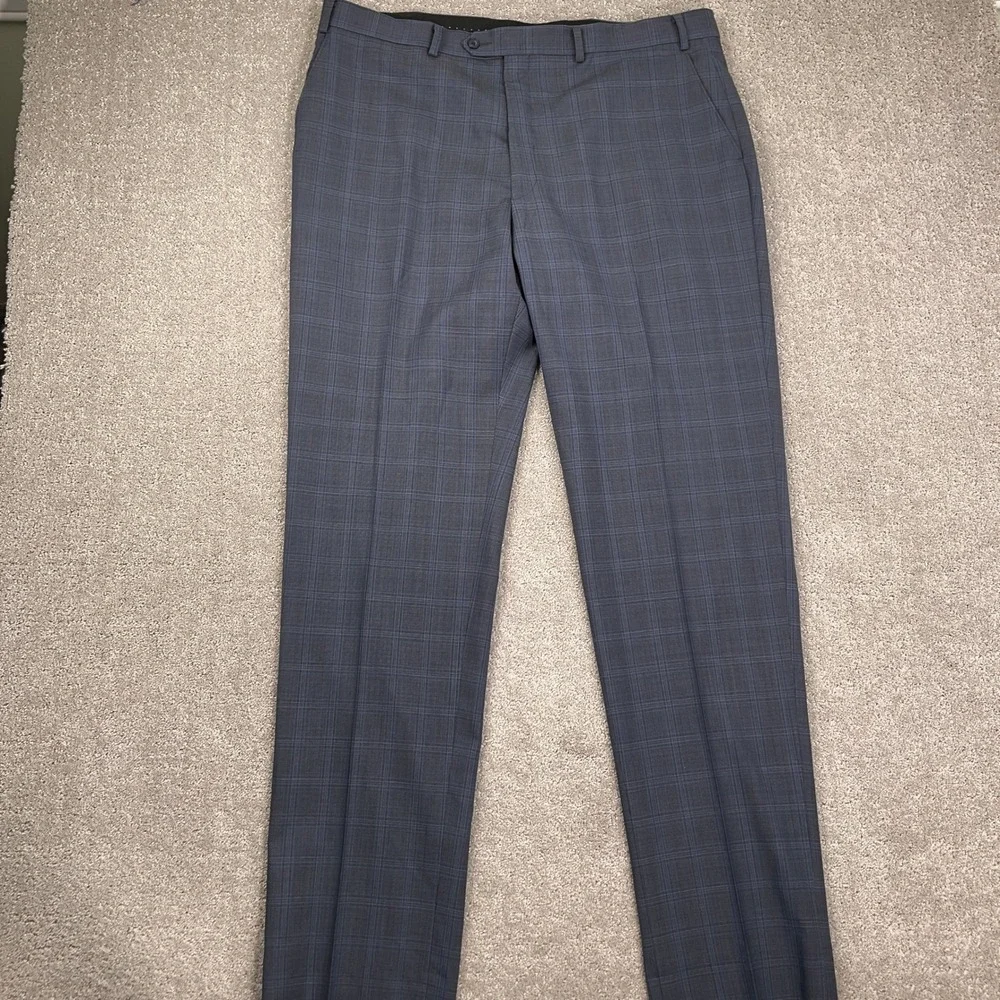 Austin Reed Ticknors Suit Mens 46L 39W 35L Gray Blue Plaid Classic 2 Button Wool